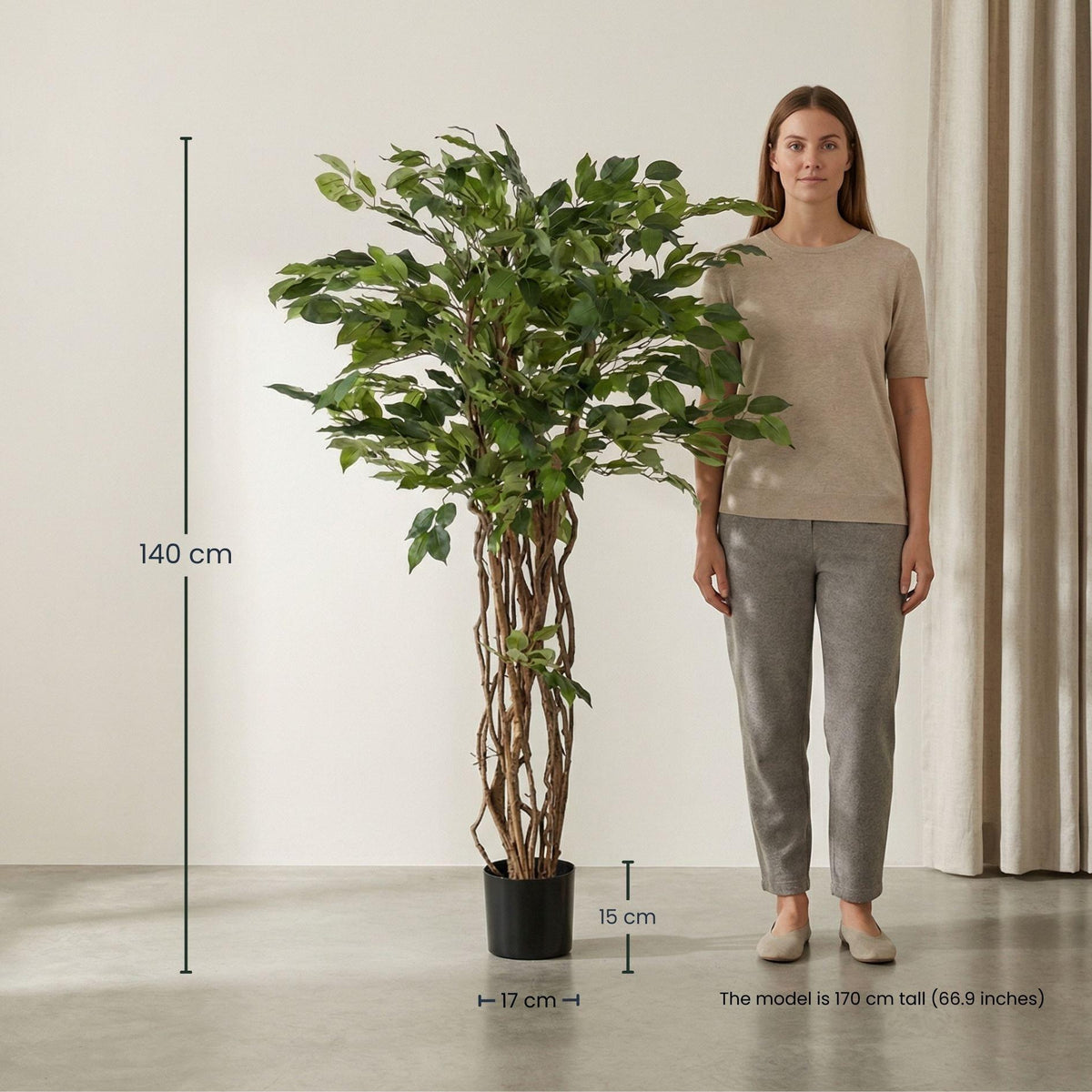 Ficus Liana Kunstbaum – 140cm – Hochwertige künstliche Pflanze mit realistischer Blattstruktur – Pflegefreier Deko Baum für Wohnzimmer Büro & Empfangsbereich - Oasis of Life