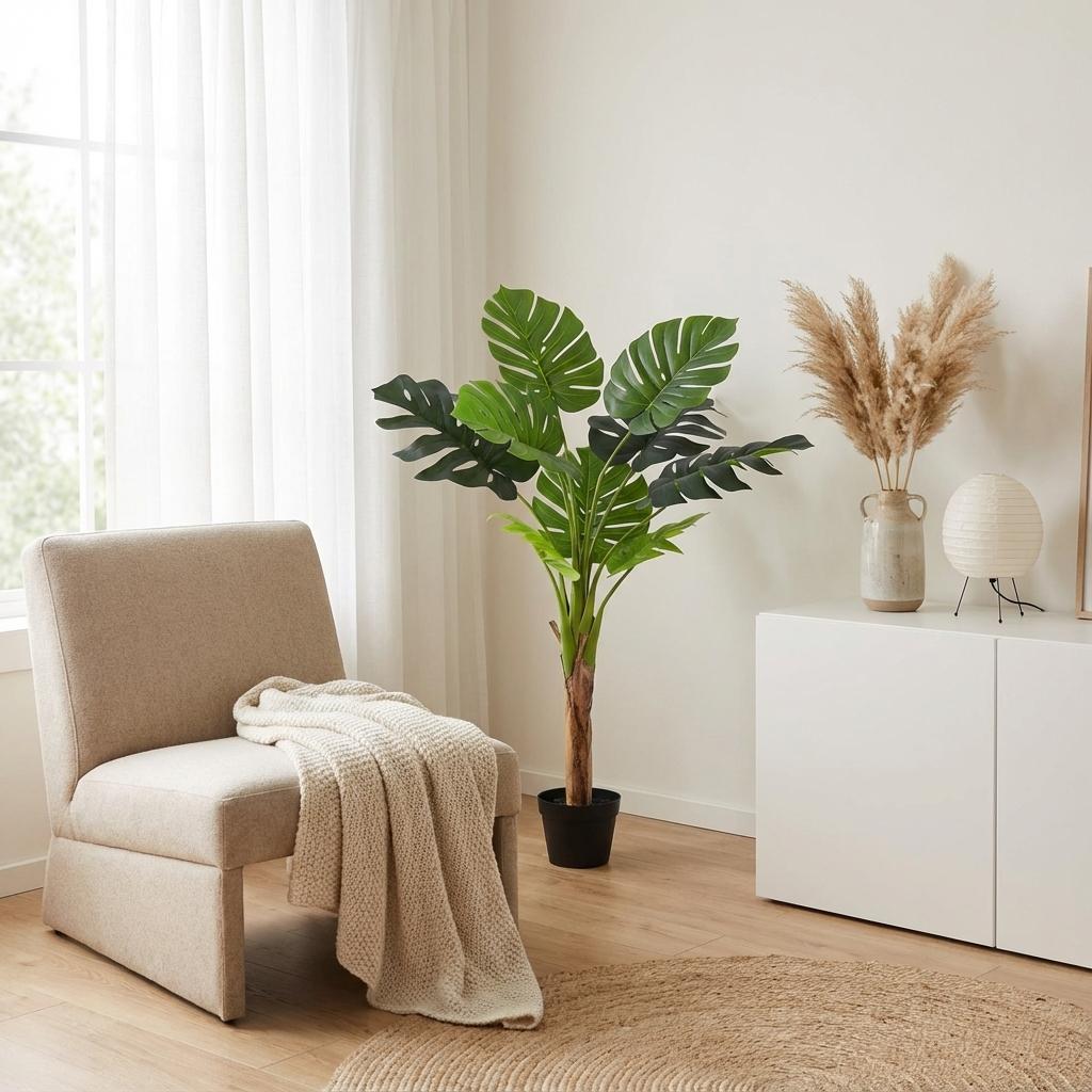 Monstera Deliciosa Kunstpflanze 120cm – Große Fensterblatt Deko Pflanze – Pflegefreie Zimmerpflanze für Wohnzimmer Büro & Empfangsbereich - Oasis of Life