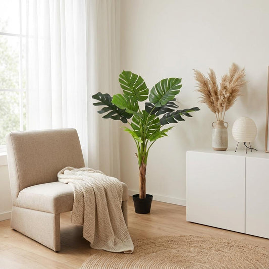 Monstera Deliciosa Kunstpflanze 120cm – Große Fensterblatt Deko Pflanze – Pflegefreie Zimmerpflanze für Wohnzimmer Büro & Empfangsbereich - Oasis of Life