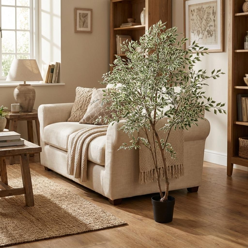 Ficus Benjamina Variegata Kunstpflanze 185cm – Große Buntlaub Birkenfeige Deko Pflanze – Pflegefreie Zimmerpflanze für Wohnzimmer Büro & Empfangsbereich - Oasis of Life