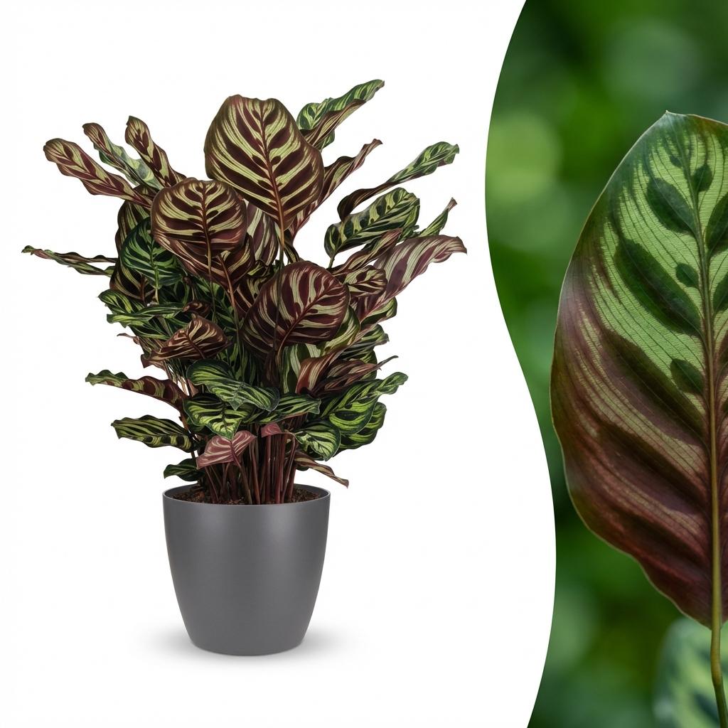 Calathea Makoyana Pfauen Korbmarante 70cm – Zimmerpflanze im Potter Grau Übertopf Ø19cm – dekorative Blattzeichnung mit violetter Unterseite – pflegeleicht, luftreinigend für Wohnung & Büro 