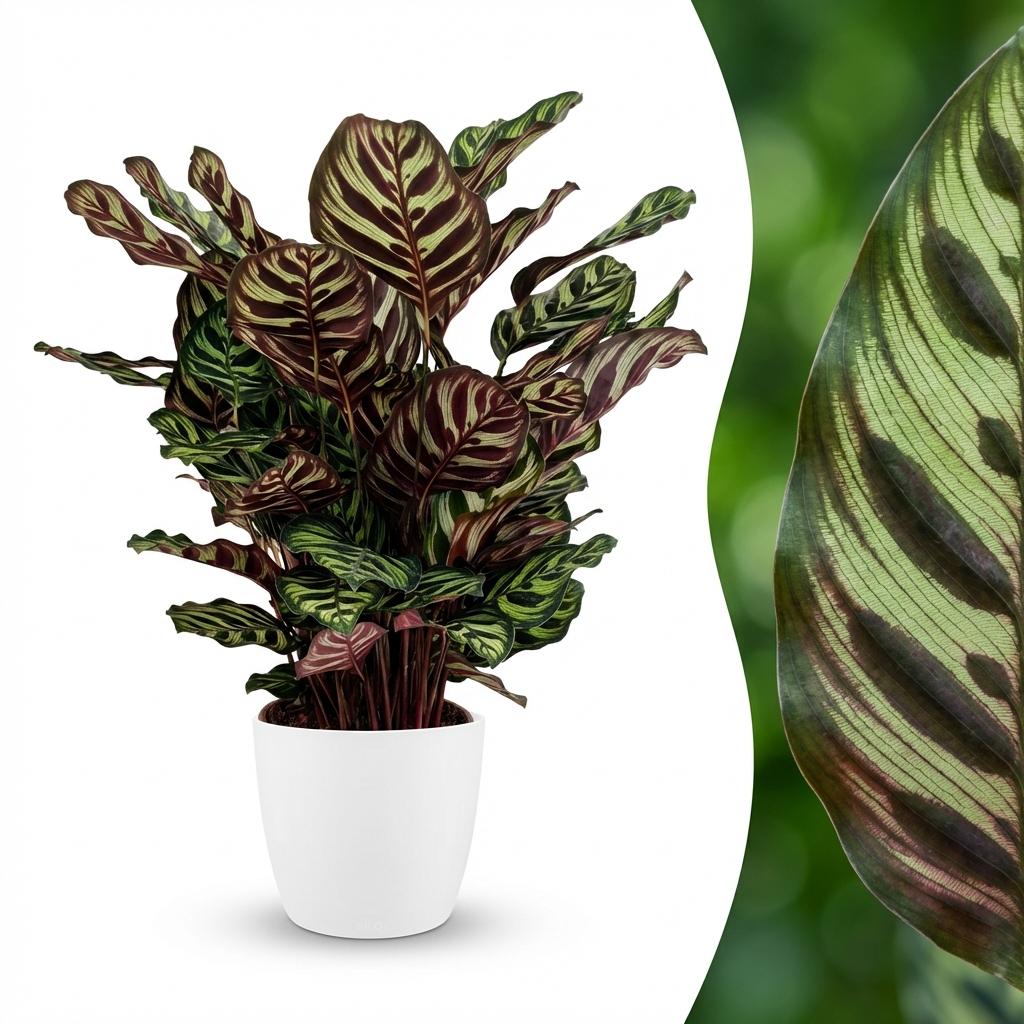 Calathea Makoyana Pfauen Korbmarante 70cm – Zimmerpflanze im weißen Übertopf Ø19cm – dekorative Blattzeichnung mit violetter Unterseite – pflegeleicht, luftreinigend für Wohnung & Büro 
