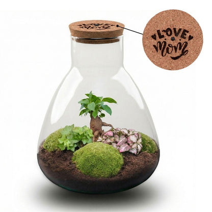 'LOVE MOM' Terrarium Sam + gravierter Kork mit Licht - Flaschengarten DIY Set - Ø 24.5 cm ↑ 30 cm - Muttertag 