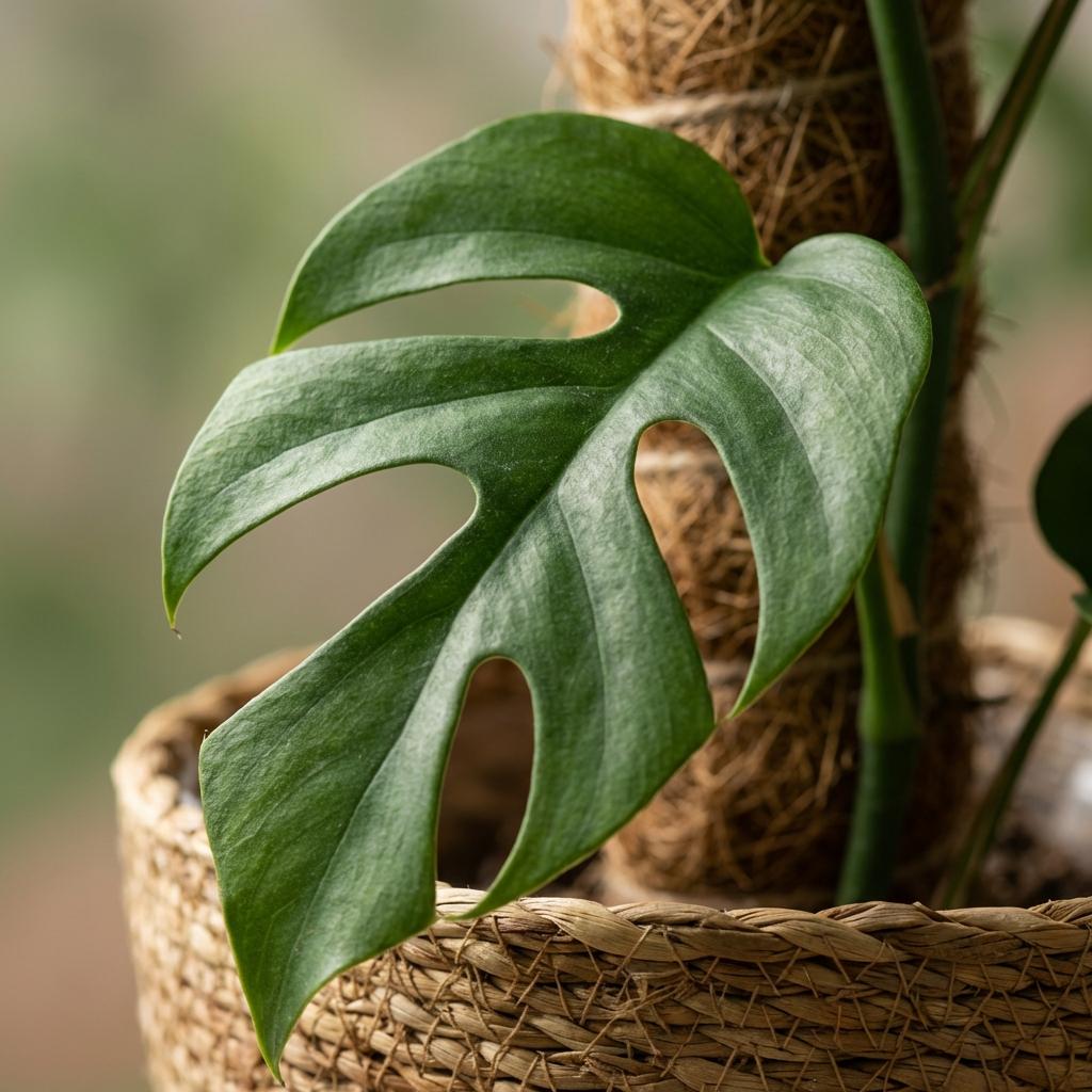 Monstera Minima am Moosstab 90cm – Mini Fensterblatt Zimmerpflanze im Korb Ø19cm – Rhaphidophora tetrasperma mit geschlitzten Blättern – pflegeleicht für Wohnung & Büro 