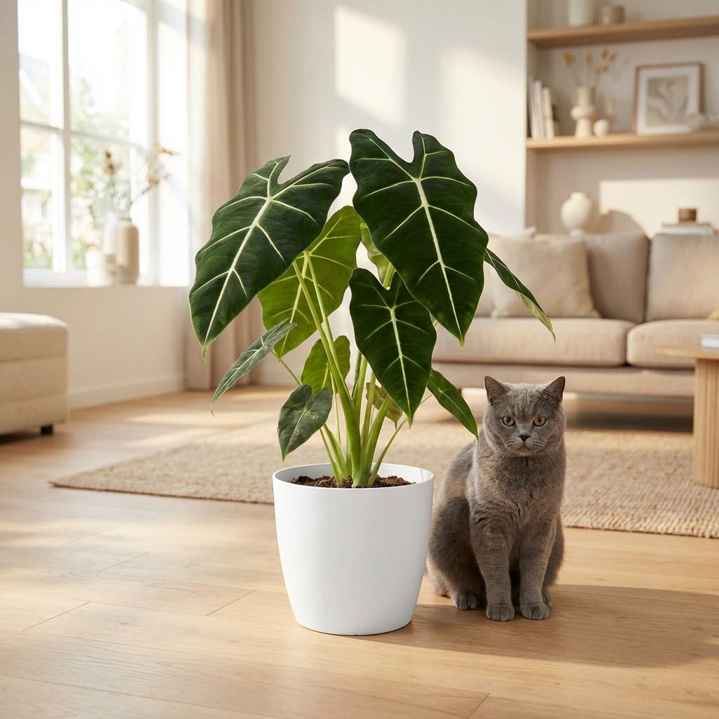 Green boutiQ - Zimmerpflanze - Elefantenohr - Alocasia Frydek - Grün - Pflegeleicht - 1 Pflanze - mit weißem Übertopf - Topf 19cm - Höhe 60cm 