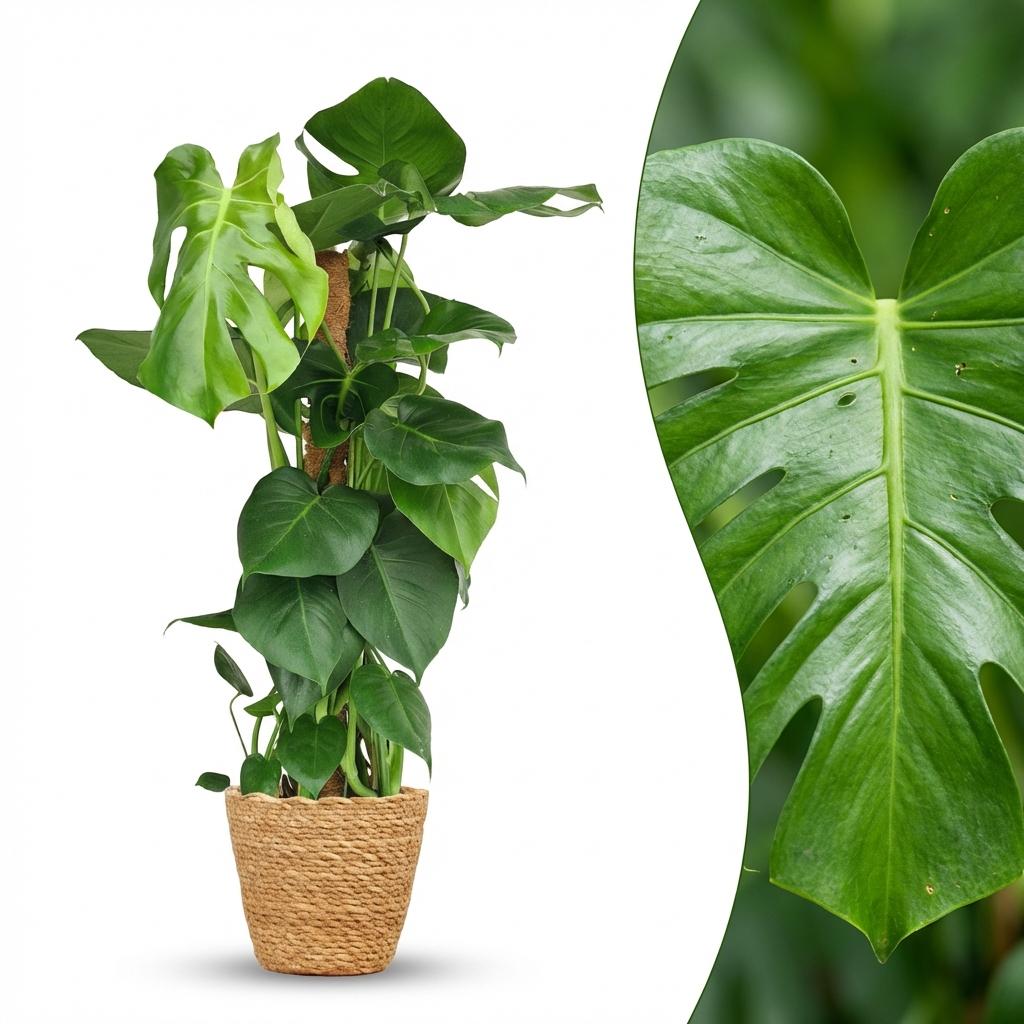 Green boutiQ - Zimmerpflanze - Fensterblatt - Monstera Deliciosa Moosstab - Grün - Pflegeleicht - 1 Pflanze - mit Korb - Topf 19cm - Höhe 90cm 