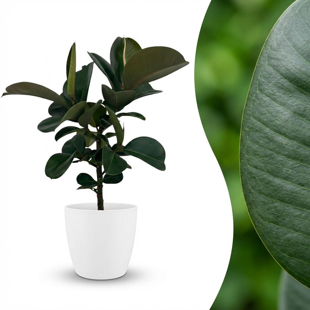 Ficus Elastica Cloe Gummibaum 65cm – Zimmerpflanze im weißen Übertopf Ø19cm – große glänzende grüne Blätter – pflegeleicht, luftreinigend für Wohnung, Büro & Flur – ideal bei Halbschatten 