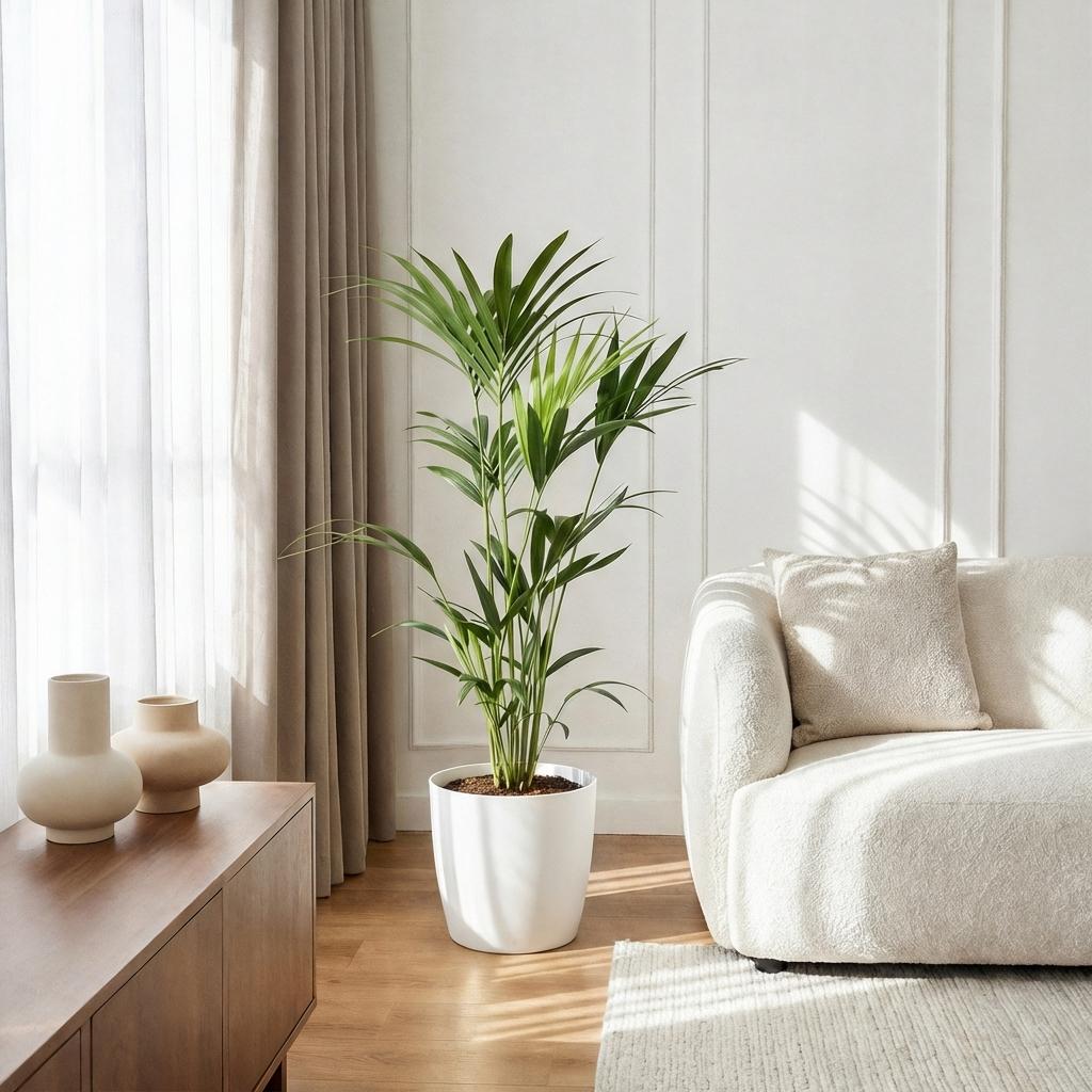 Green boutiQ - Zimmerpflanze - Howea Forsteriana - Kentia-Palme - Wenig Pflege - Grün - 1 Pflanze - mit Potter Weiß - Topf 21cm - Höhe 120-130cm 