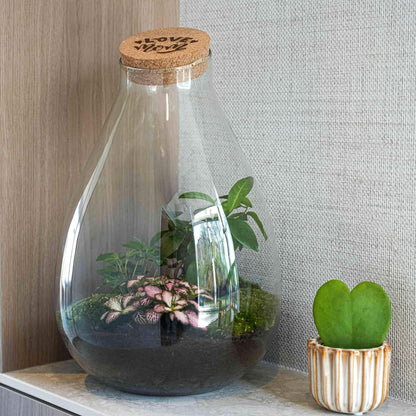 'LOVE MOM' terrarium Drop XL + gravierter Kork - Flaschengarten DIY Set – Ø 24 cm ↑ 37 cm -  Muttertag 