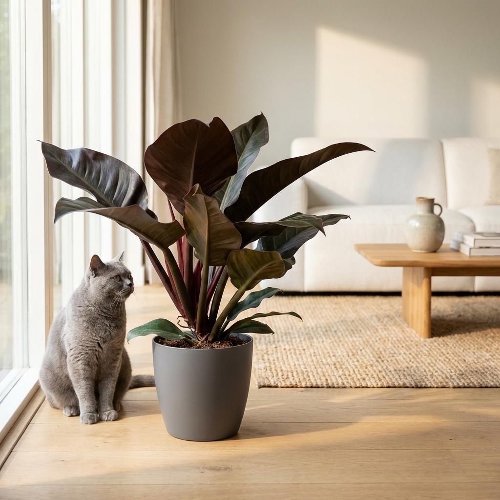 Philodendron Imperial Red Baumfreund 60cm – Zimmerpflanze mit roten Blättern im Potter Grau Übertopf Ø19cm – glänzendes Laub, kompakter Wuchs – pflegeleicht, luftverbessernd für Wohnung & Büro 