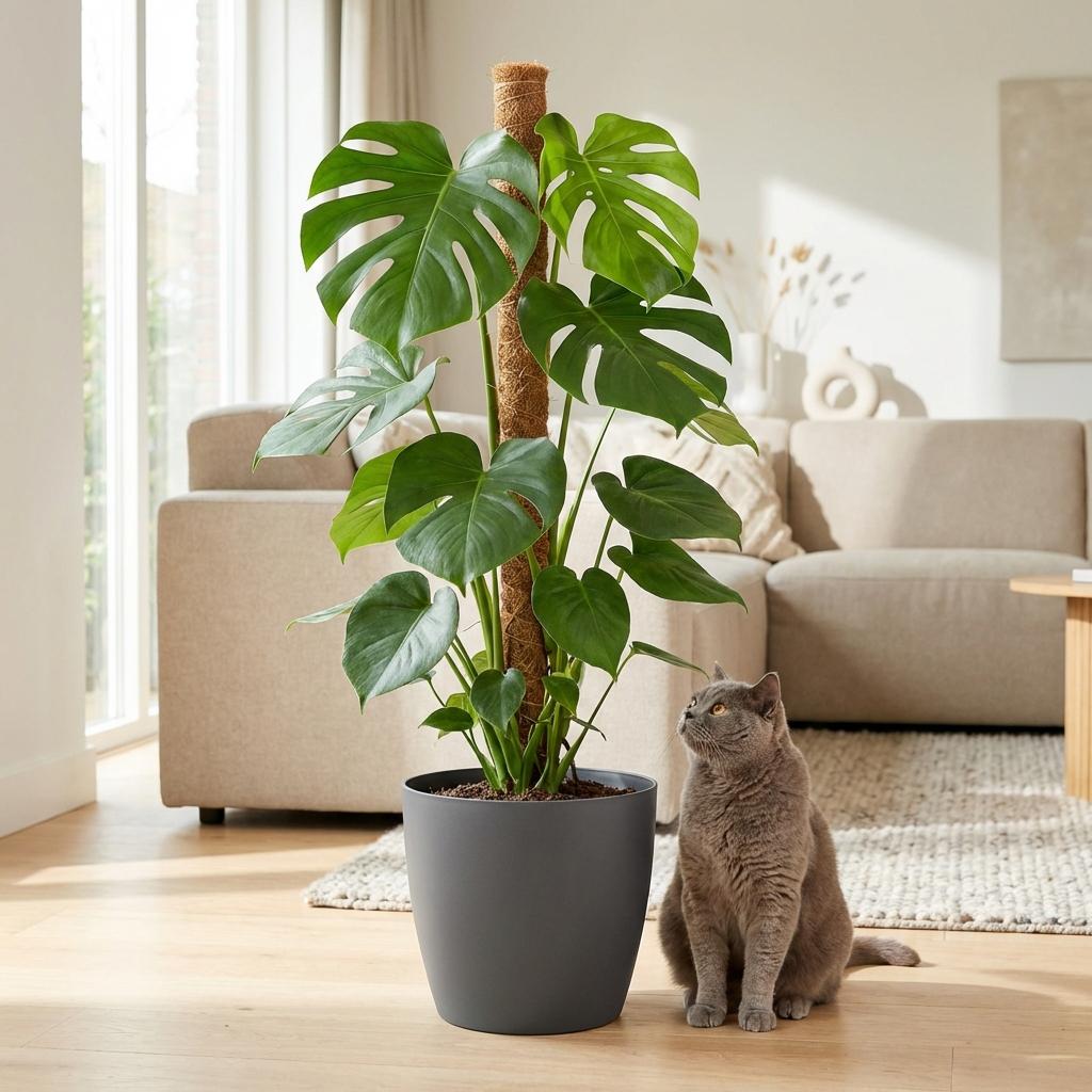 Green boutiQ - Zimmerpflanze - Fensterblatt - Monstera Deliciosa Moosstab - Grün - Pflegeleicht - 1 Pflanze - mit Potter Grau - Topf 19cm - Höhe 90cm 