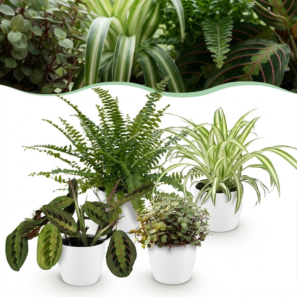 Green boutiQ - Zimmerpflanze - Chlorophytum - Maranta - Calissia - Nephrolepsis - Mix aus 4 - Haustierfreundliche Pflanzen - Grün - 4 Pflanzen - mit Potter Weiß - Topf 12cm - Höhe 25cm 