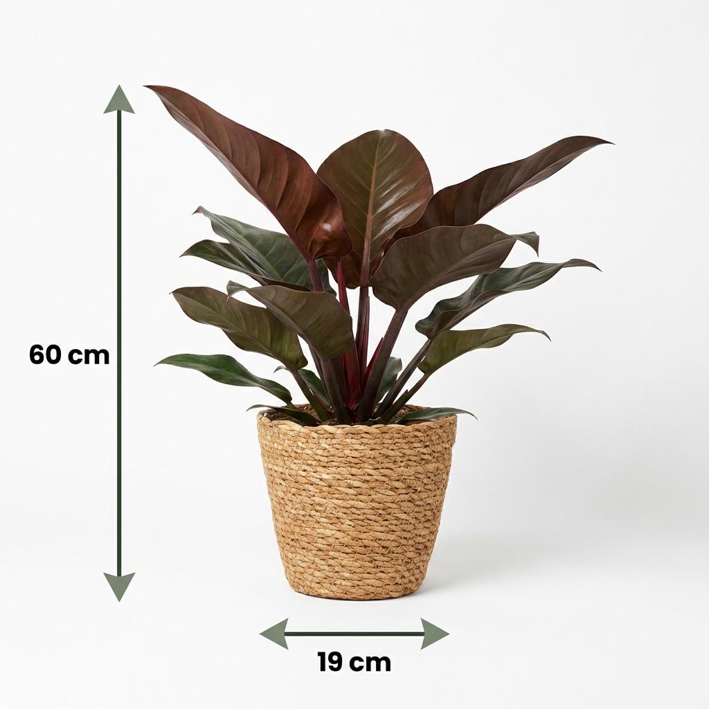 Philodendron Imperial Red Baumfreund 60cm – Zimmerpflanze mit roten Blättern im Korb Ø19cm – glänzendes Laub rot bis dunkelgrün – pflegeleicht für Wohnung & Büro, ideal bei Halbschatten, moderat gießen 