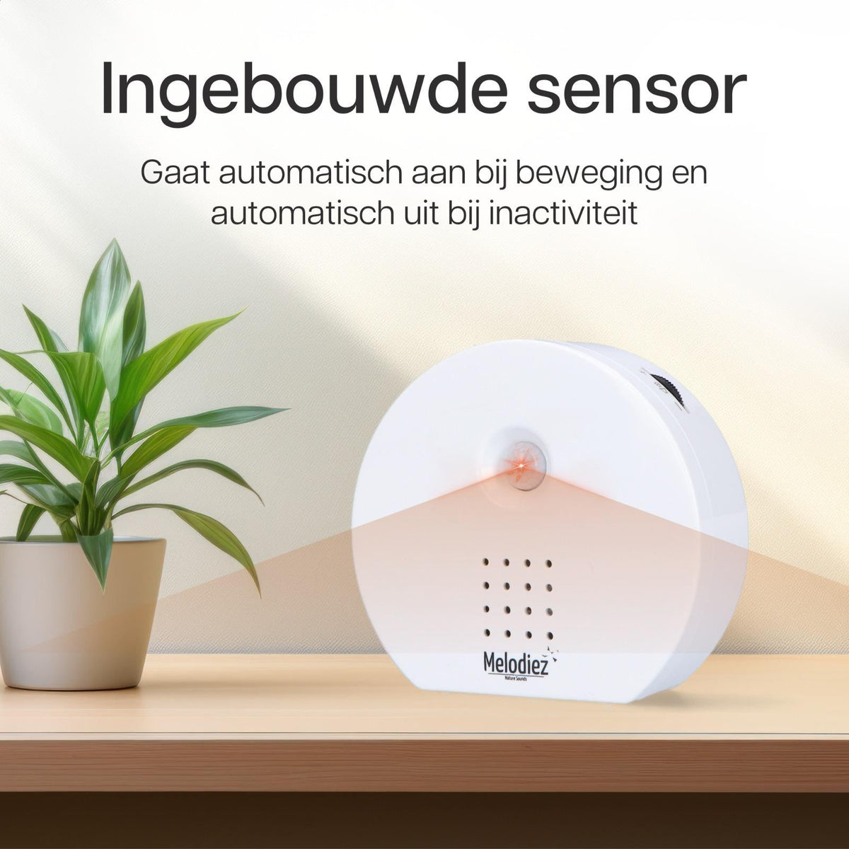 Melodiez Musikbox Weiß – Naturklänge mit Bewegungssensor – Kompakte Soundbox für beruhigende Vogelstimmen, Meeresrauschen & Dschungelklänge – Inklusive Batterien – Elegantes Design 