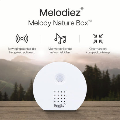 Melodiez Musikbox Weiß – Naturklänge mit Bewegungssensor – Kompakte Soundbox für beruhigende Vogelstimmen, Meeresrauschen & Dschungelklänge – Inklusive Batterien – Elegantes Design 
