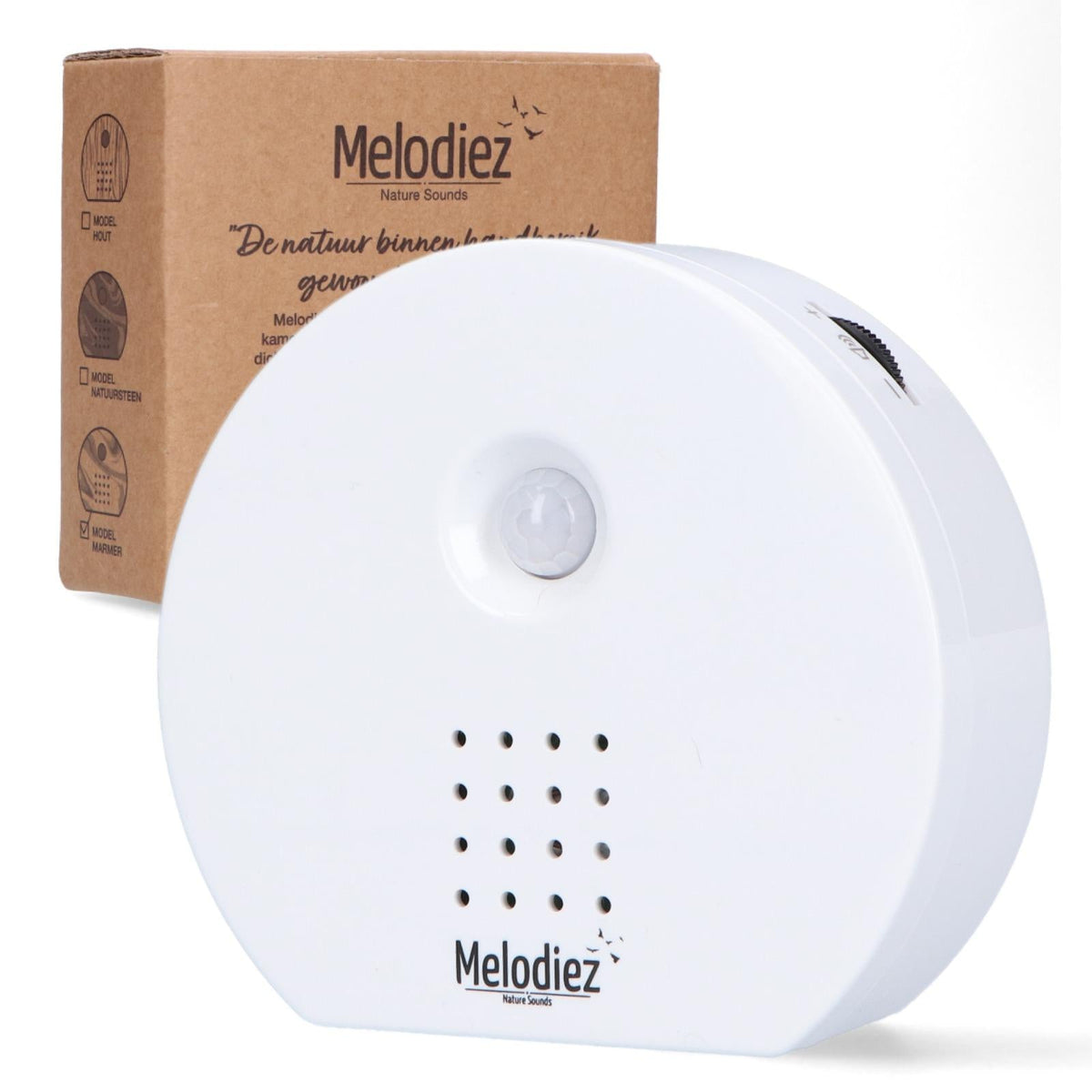 Melodiez Musikbox Weiß – Naturklänge mit Bewegungssensor – Kompakte Soundbox für beruhigende Vogelstimmen, Meeresrauschen & Dschungelklänge – Inklusive Batterien – Elegantes Design 