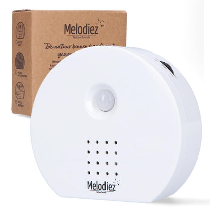 Melodiez Musikbox Weiß – Naturklänge mit Bewegungssensor – Kompakte Soundbox für beruhigende Vogelstimmen, Meeresrauschen & Dschungelklänge – Inklusive Batterien – Elegantes Design 