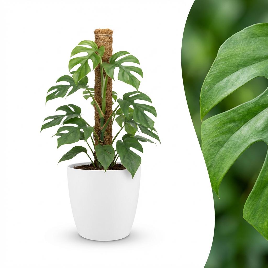 Monstera Minima am Moosstab 90cm – Mini Fensterblatt Zimmerpflanze im Potter Weiß Übertopf Ø19cm – tropische Blätter mit Löchern – pflegeleicht für Wohnung & Büro, ideal bei Halbschatten 