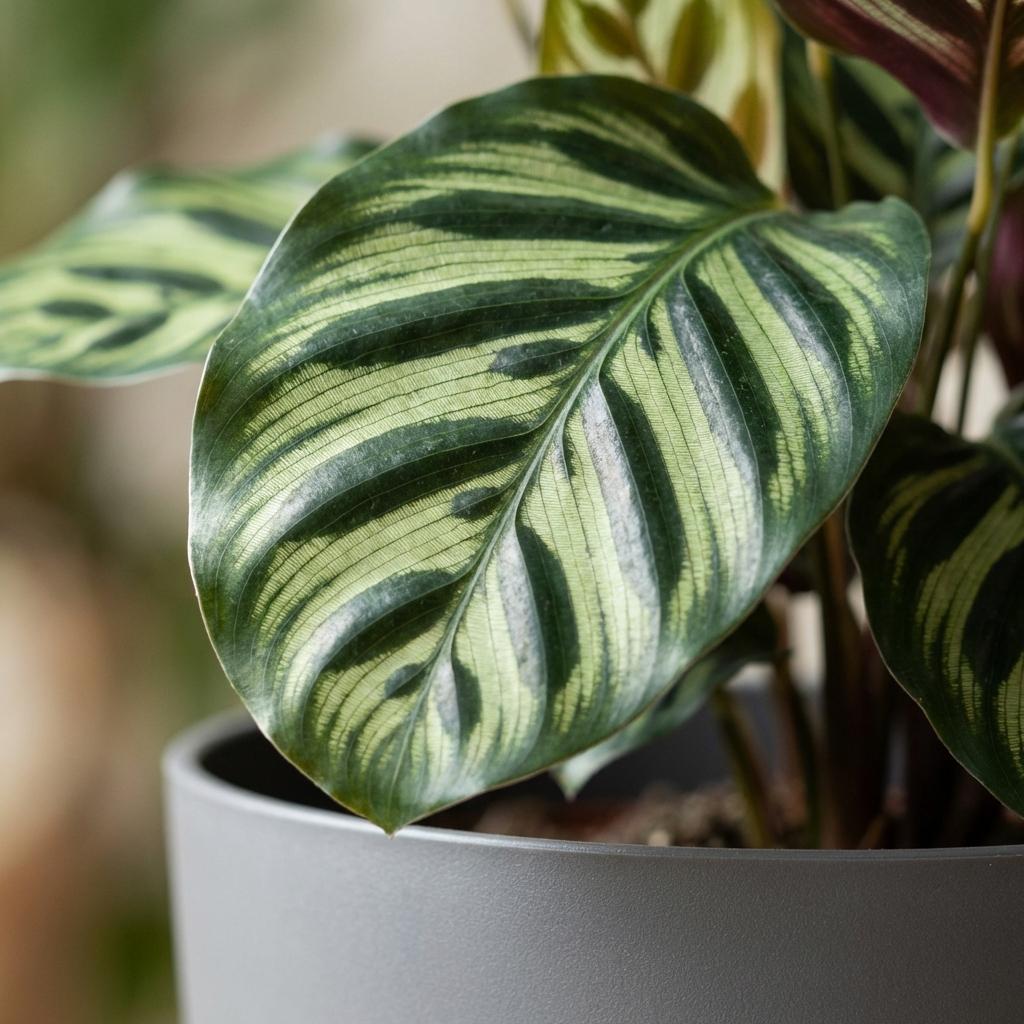 Calathea Makoyana Pfauen Korbmarante 70cm – Zimmerpflanze im Potter Grau Übertopf Ø19cm – dekorative Blattzeichnung mit violetter Unterseite – pflegeleicht, luftreinigend für Wohnung & Büro 