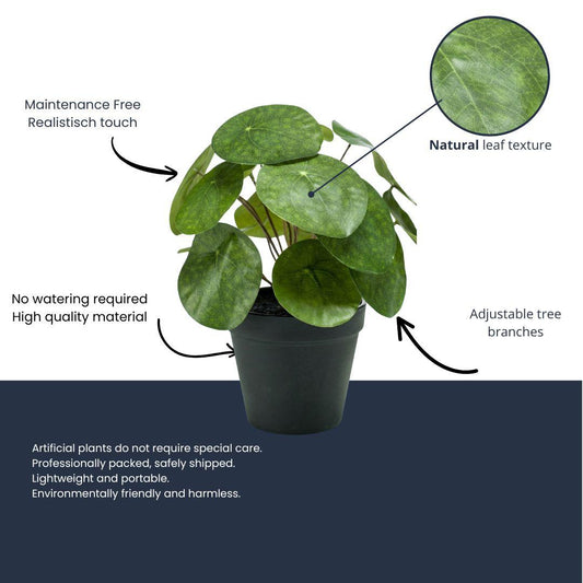 Pilea Kunstpflanze Busch – ca.25cm – Im schwarzen Topf – Realistische künstliche Zimmerpflanze – Pflegefreie Deko für Fensterbank Regal & Büro - Oasis of Life