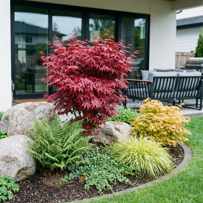 Green boutiQ - Gartenpflanze - Acer palmatum Skeeters Broom - Japanischer Ahorn - Laubabwerfend - Rot - 1 - Topf 26cm - Höhe 90cm 