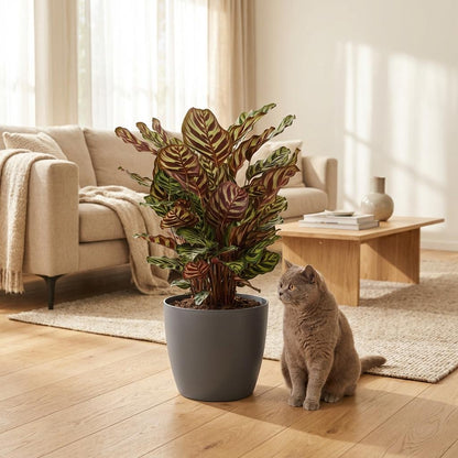 Calathea Makoyana Pfauen Korbmarante 70cm – Zimmerpflanze im Potter Grau Übertopf Ø19cm – dekorative Blattzeichnung mit violetter Unterseite – pflegeleicht, luftreinigend für Wohnung & Büro 