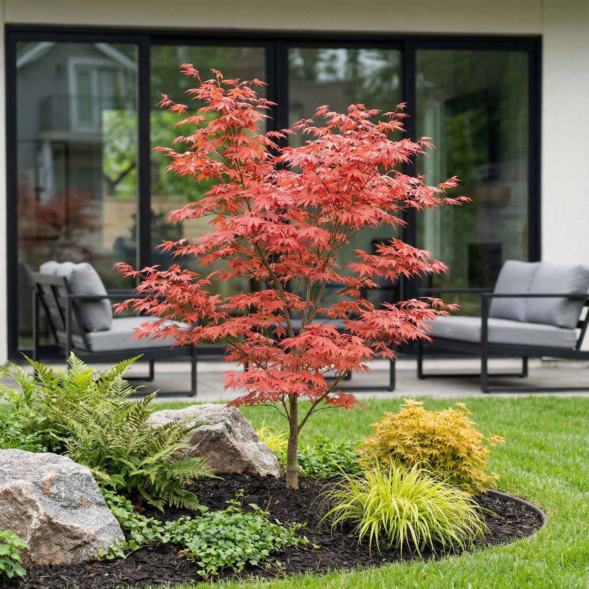 Green boutiQ - Gartenpflanze - Acer palmatum Atropurpureum - Japanischer Ahorn - Laubabwerfend - Lila - 1 - Topf 26cm - Höhe 90cm 
