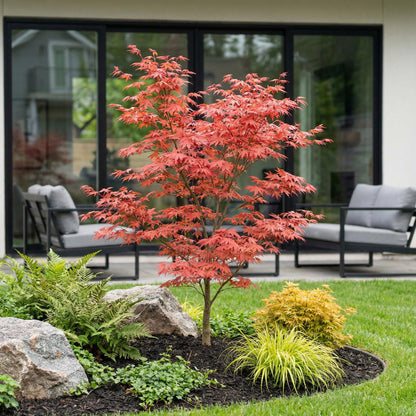 Green boutiQ - Gartenpflanze - Acer palmatum Atropurpureum - Japanischer Ahorn - Laubabwerfend - Lila - 1 - Topf 26cm - Höhe 90cm 