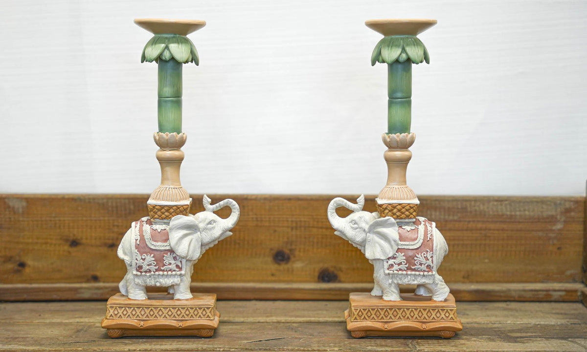 Kerzenständer Elefant Rosa/Grün – Polyresin – 34,5cm – Exotische Deko für Tisch, Sideboard & Fensterbank 