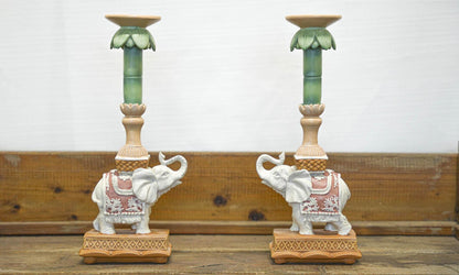 Kerzenständer Elefant Rosa/Grün – Polyresin – 34,5cm – Exotische Deko für Tisch, Sideboard & Fensterbank 