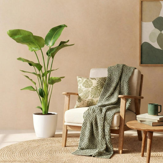 Green boutiQ - Zimmerpflanzen - Strelitzia Nicolai - Paradiesvogelblume - Geringer Pflegeaufwand - Grün - 1 Pflanze - mit Potter Weiß - Topf 21cm - Höhe 110-120cm 
