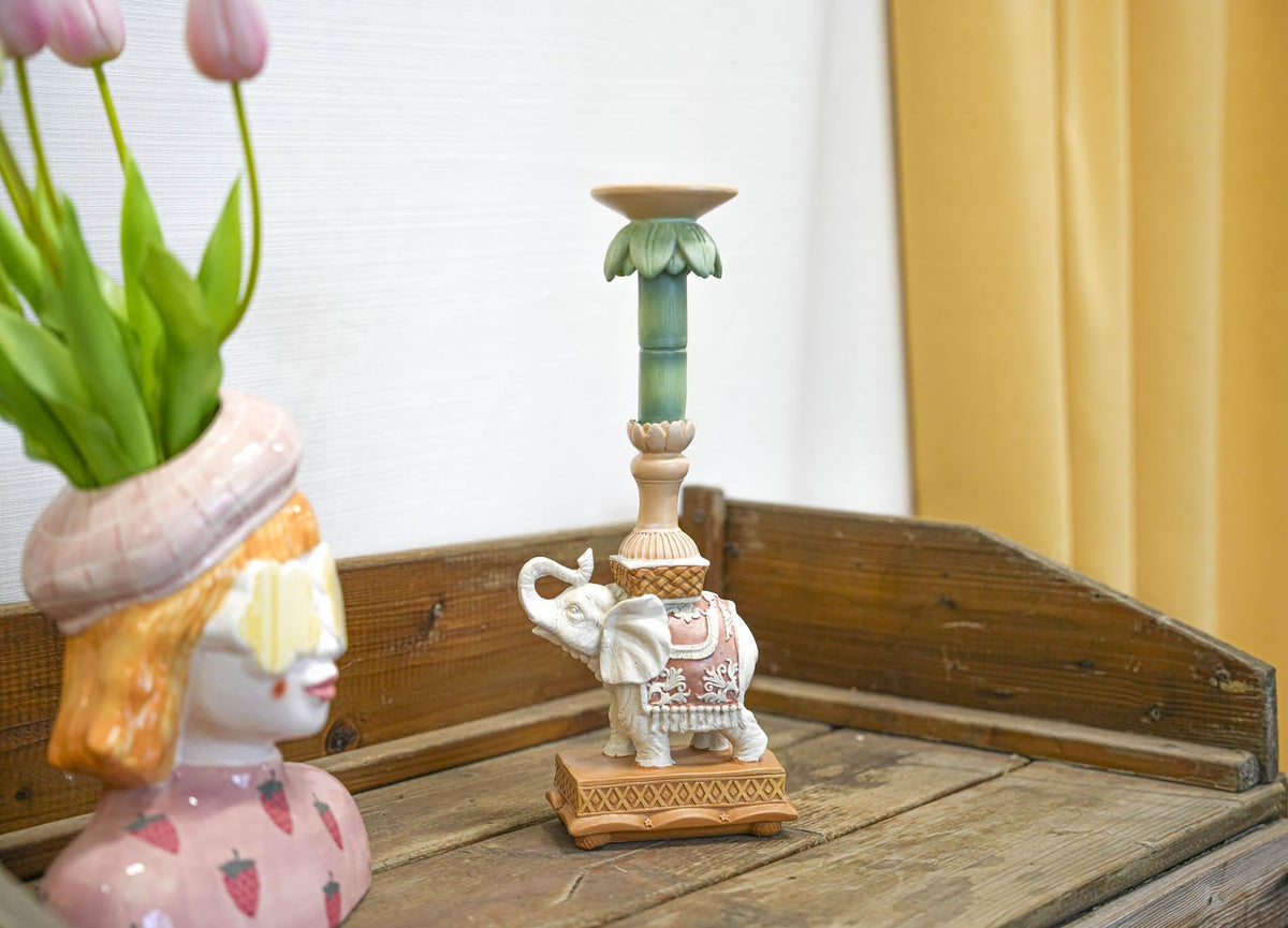 Kerzenständer Elefant Rosa/Grün – Polyresin – 34,5cm – Exotische Deko für Tisch, Sideboard & Fensterbank 