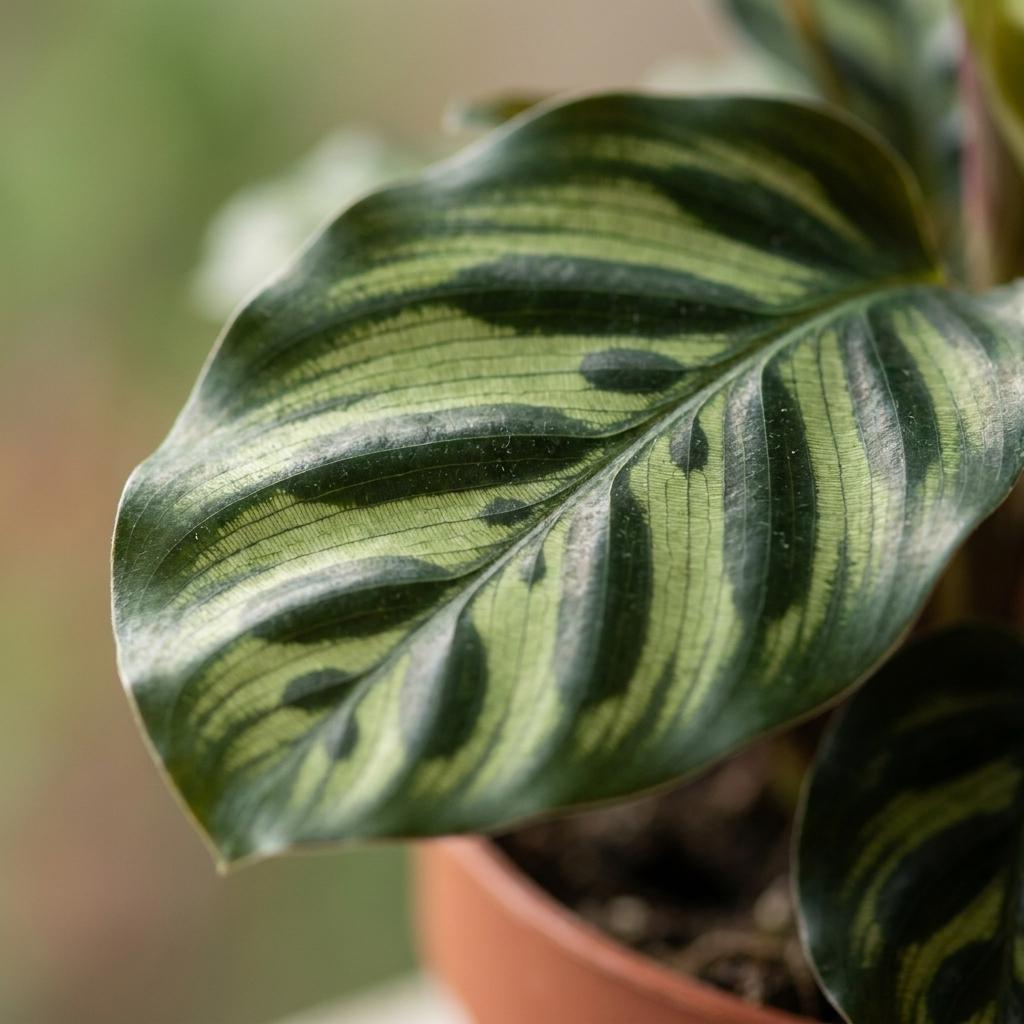 Pfauenpflanze – Calathea makoyana – Topf Ø12cm – Höhe 25cm – mit grauem Dekotopf – Dekorative Zimmerpflanze – Ansicht 4