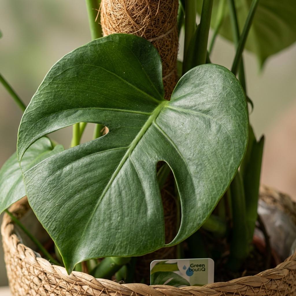 Green boutiQ - Zimmerpflanze - Fensterblatt - Monstera Deliciosa Moosstab - Grün - Pflegeleicht - 1 Pflanze - mit Korb - Topf 19cm - Höhe 90cm 