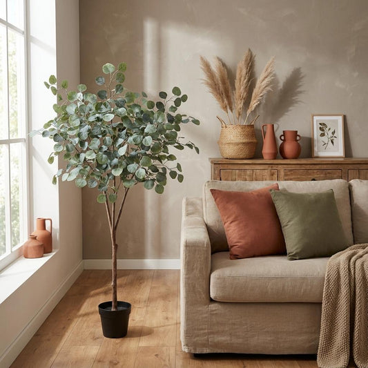 Eukalyptus Baum Kunstpflanze 150cm – Realistische Eucalyptus Deko Pflanze – Pflegefreie Zimmerpflanze für Wohnzimmer Büro & Empfangsbereich - Oasis of Life