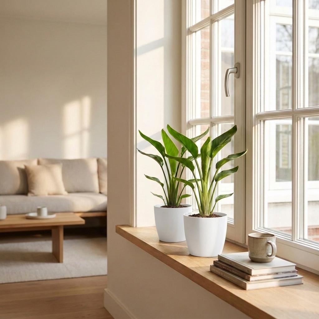 Paradiesvogelblume – Strelitzia reginae – Topf Ø12cm – Höhe 35cm – mit weißem Dekotopf – Ansicht 3