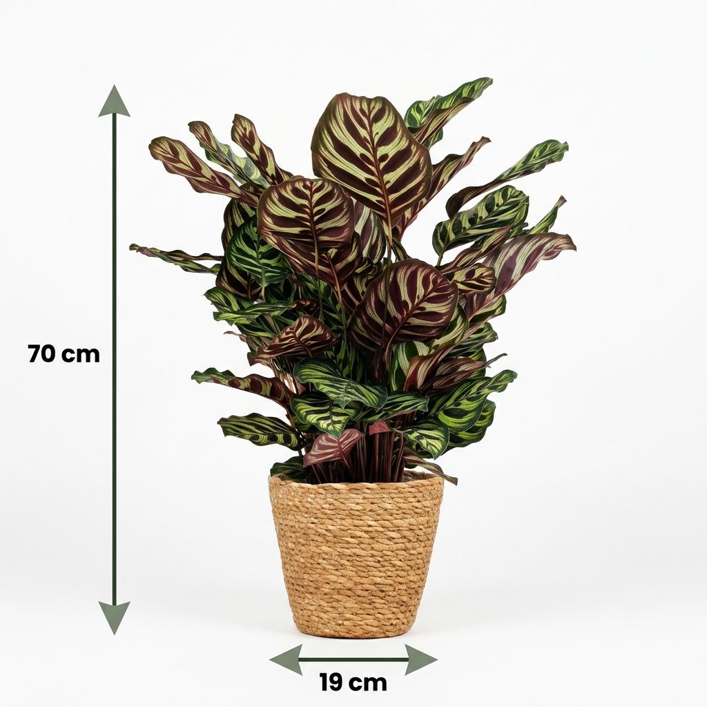 Calathea Makoyana Pfauen Korbmarante 70cm – Zimmerpflanze im Korb Ø19cm – dekorative Blattzeichnung in Grüntönen mit violetter Unterseite – pflegeleicht für Wohnung & Büro, ideal bei Halbschatten 