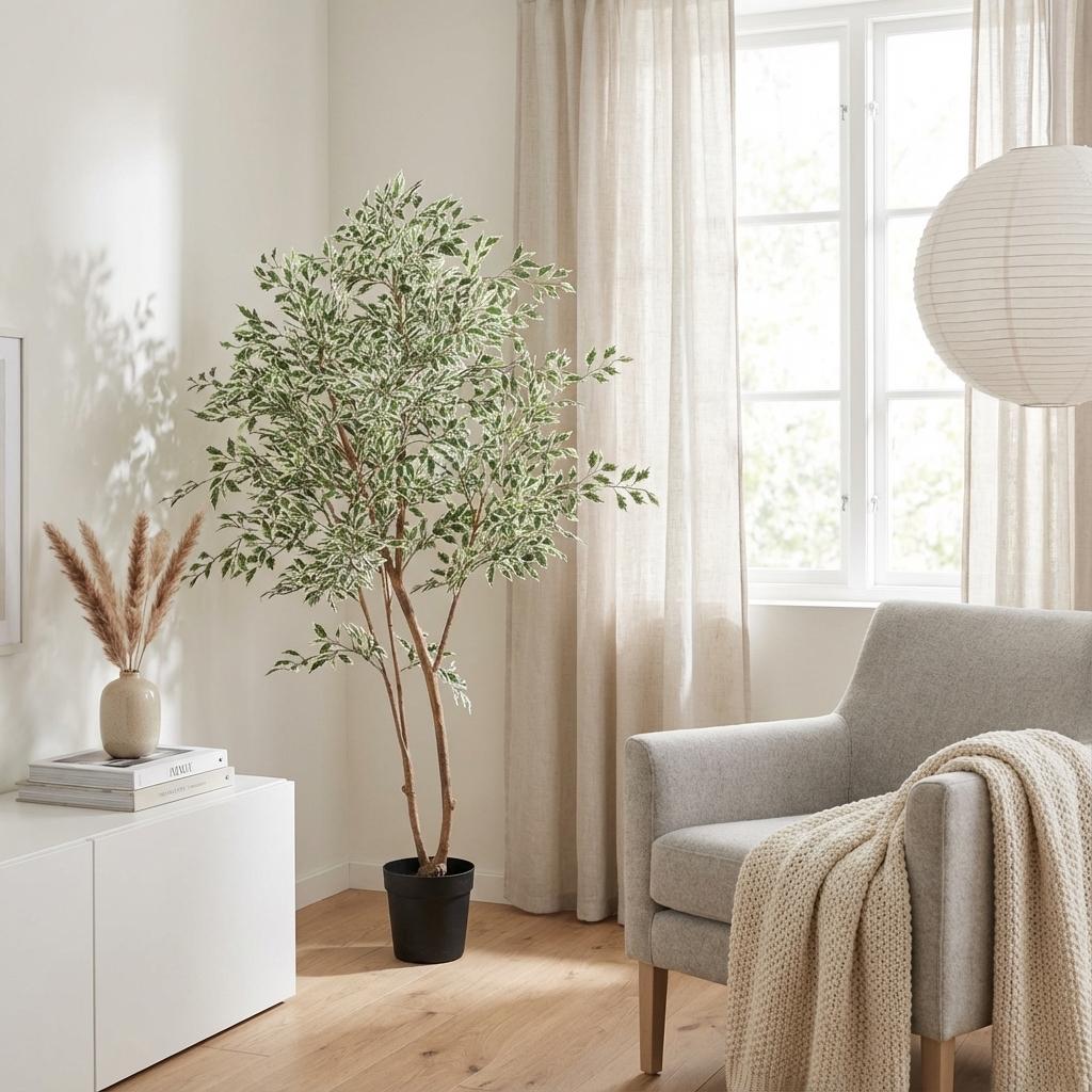 Ficus Benjamina Variegata Kunstpflanze 185cm – Große Buntlaub Birkenfeige Deko Pflanze – Pflegefreie Zimmerpflanze für Wohnzimmer Büro & Empfangsbereich - Oasis of Life