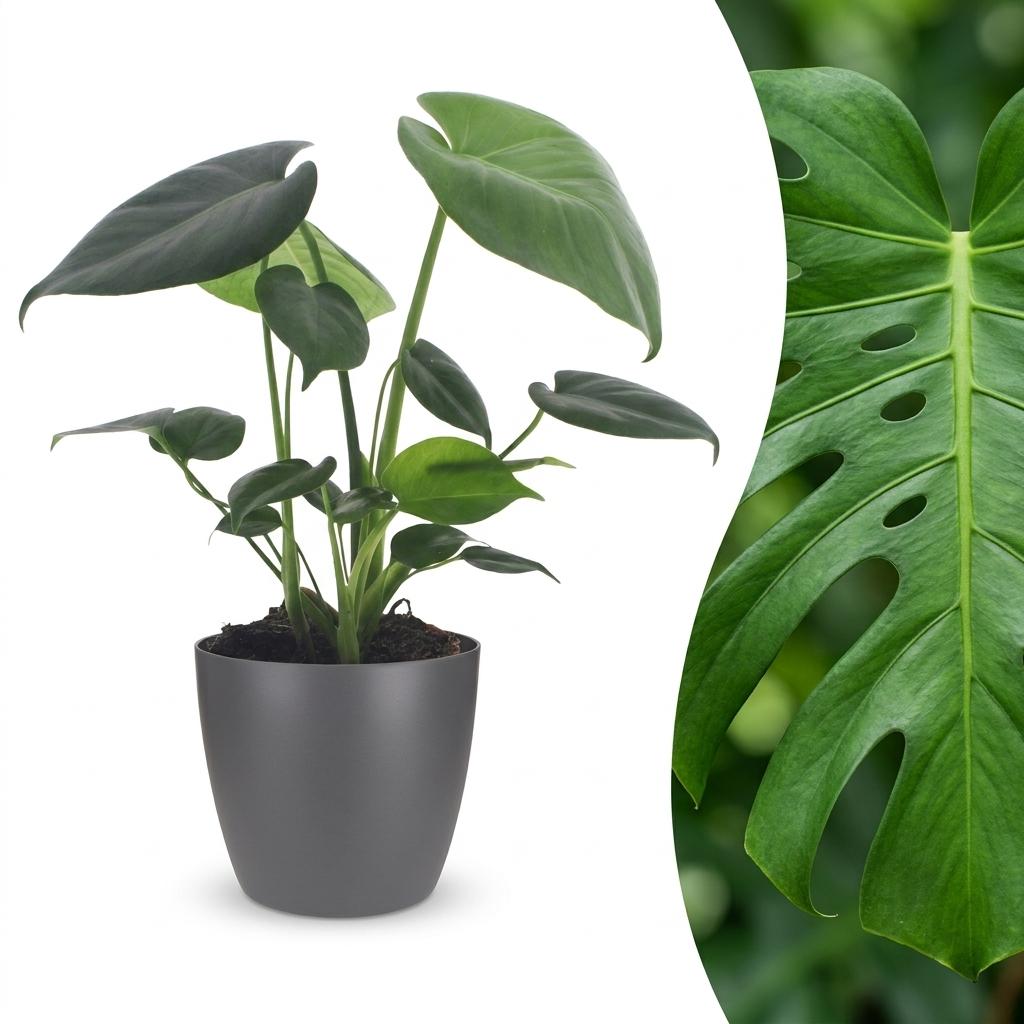 Fensterblatt – Monstera deliciosa – Topf Ø12cm – Höhe 30cm – mit grauem Dekotopf – Dekorative Zimmerpflanze