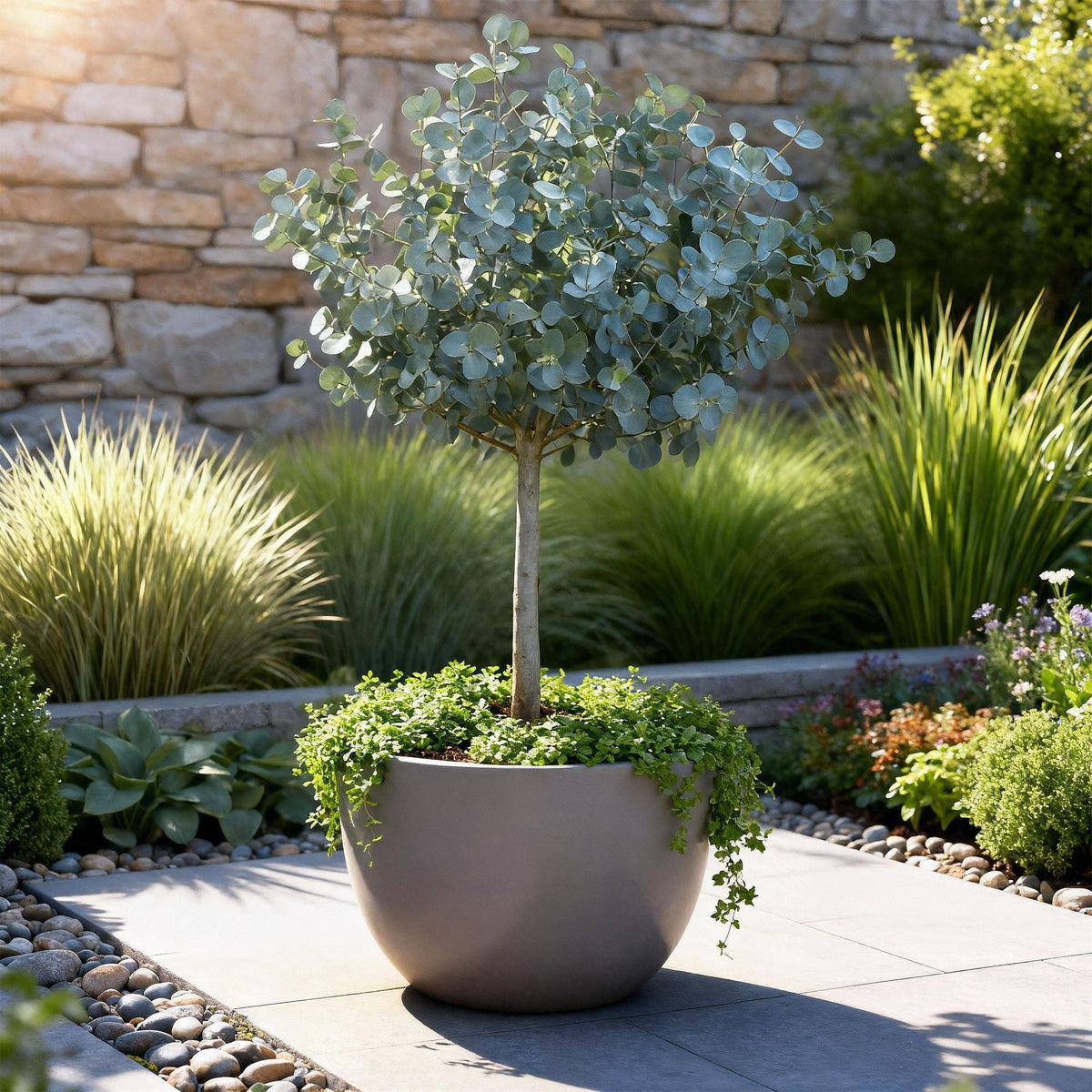 GreenboutiQ - Pflanzen auf Stamm - Eucalyptus gunni Azure - Terrassenpflanze - Immergrün - Winterhart - Graues Blatt - Topf 19 cm Höhe 90 cm 