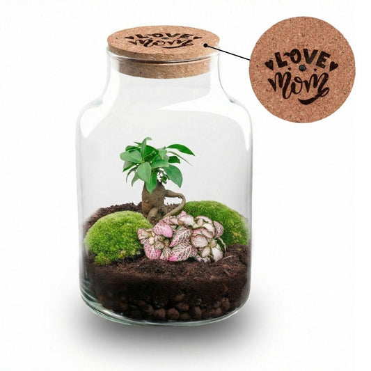 'LOVE MOM' Terrarium Little Milky + gravierter Kork mit Licht - Flaschengarten DIY Set - Ø 17 cm ↑ 25 cm - Muttertag 