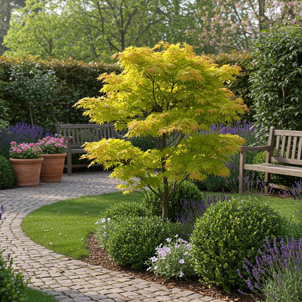 Japanischer Ahorn Acer palmatum 'Jordan' – Gelb-Grün – Balkon- & Gartenpflanze – Ø19 cm – Ca. 70 cm hoch – Kompakter Fächerahorn mit saisonalem Farbwechsel 