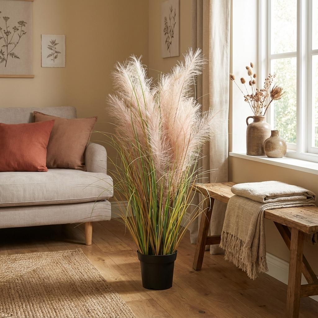 Schilfrohr Kunstpflanze 95cm – Dekorative Reetgras Deko Pflanze – Pflegefreie Kunstpflanze für Wohnzimmer Büro & Balkonüberdachung - Oasis of Life