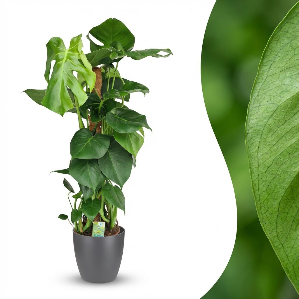 Green boutiQ - Zimmerpflanze - Fensterblatt - Monstera Deliciosa Moosstab - Grün - Pflegeleicht - 1 Pflanze - mit Potter Grau - Topf 19cm - Höhe 90cm 