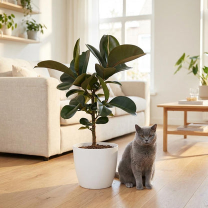 Ficus Elastica Cloe Gummibaum 65cm – Zimmerpflanze im weißen Übertopf Ø19cm – große glänzende grüne Blätter – pflegeleicht, luftreinigend für Wohnung, Büro & Flur – ideal bei Halbschatten 