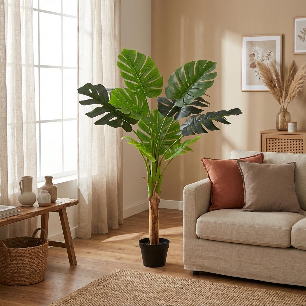 Monstera Deliciosa Kunstpflanze 120cm – Große Fensterblatt Deko Pflanze – Pflegefreie Zimmerpflanze für Wohnzimmer Büro & Empfangsbereich - Oasis of Life