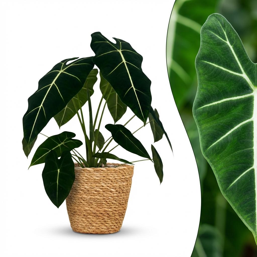 Green boutiQ - Zimmerpflanze - Elefantenohr - Alocasia Frydek - Grün - Pflegeleicht - 1 Pflanze - mit Korb - Topf 19cm - Höhe 60cm 