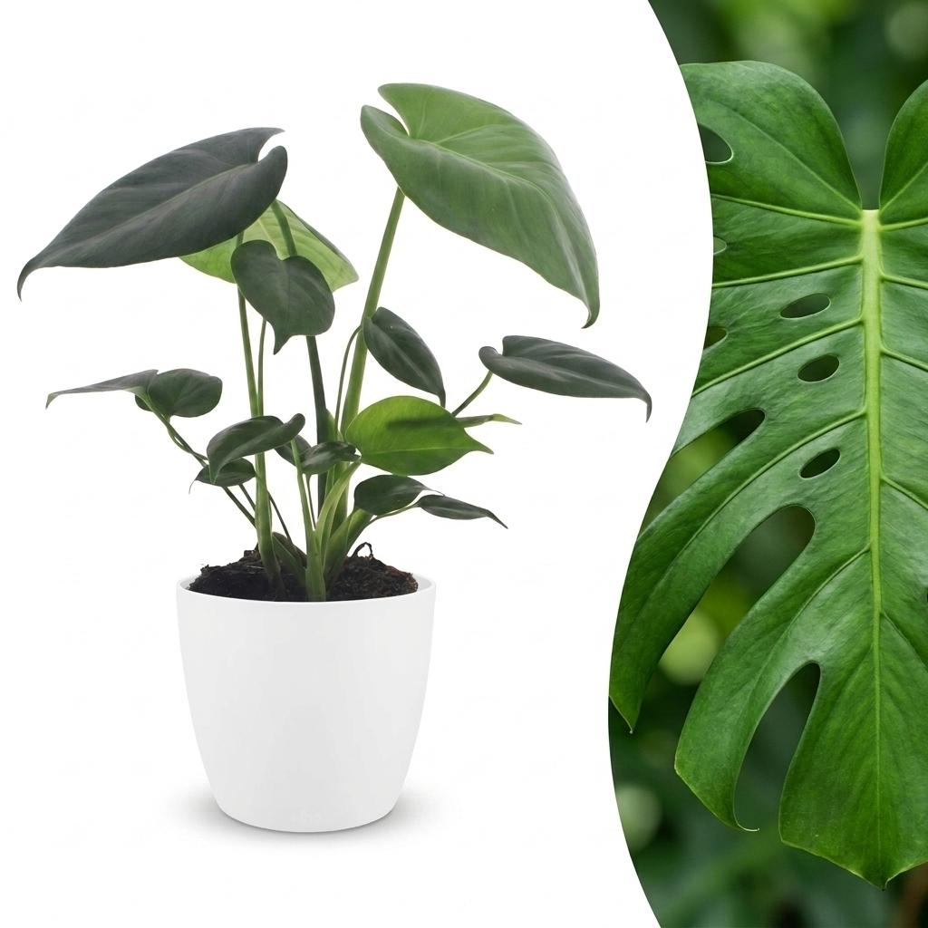 Fensterblatt – Monstera deliciosa – Topf Ø12cm – Höhe 30cm – mit weißem Dekotopf – Dekorative Zimmerpflanze