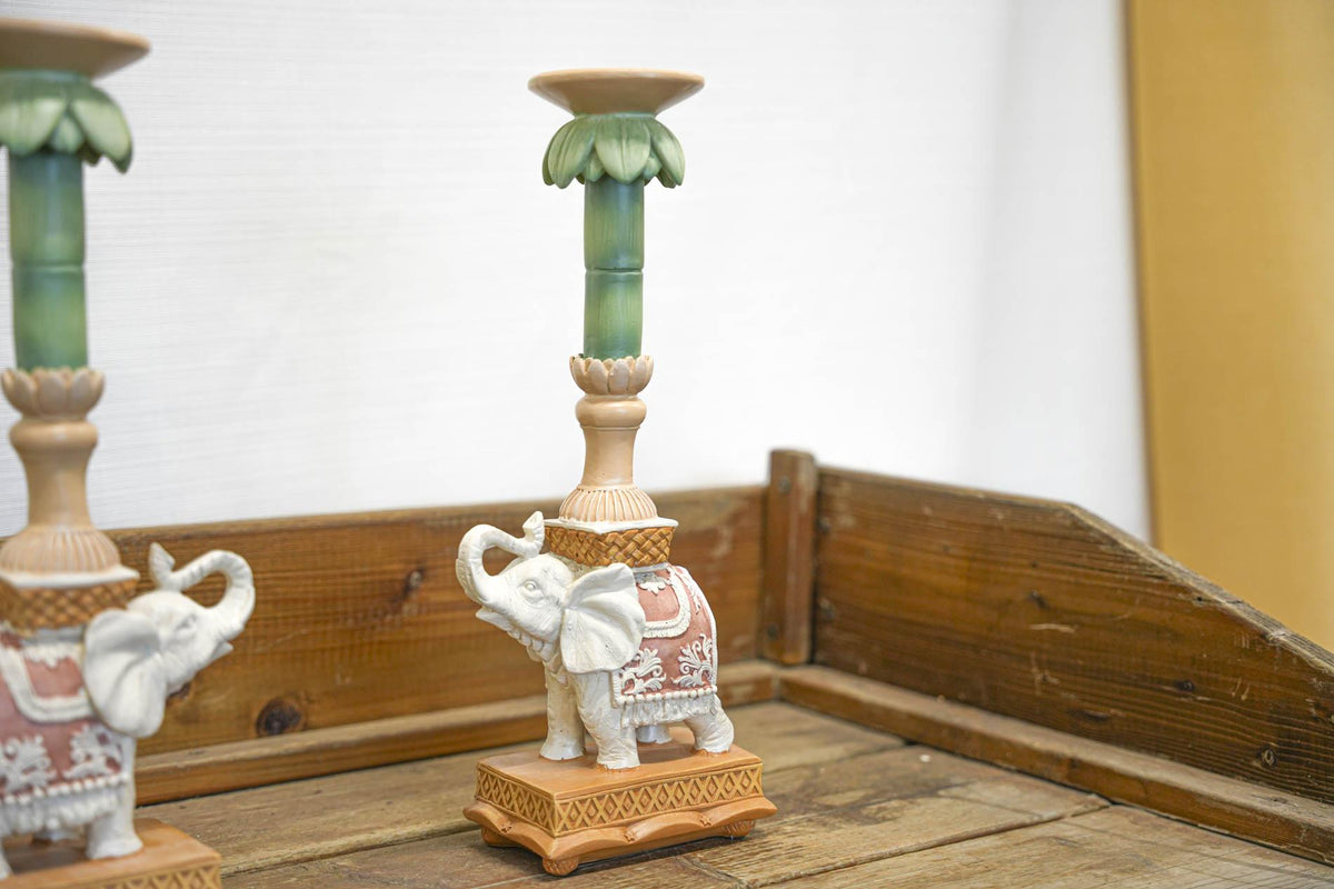 Kerzenständer Elefant Rosa/Grün – Polyresin – 34,5cm – Exotische Deko für Tisch, Sideboard & Fensterbank 