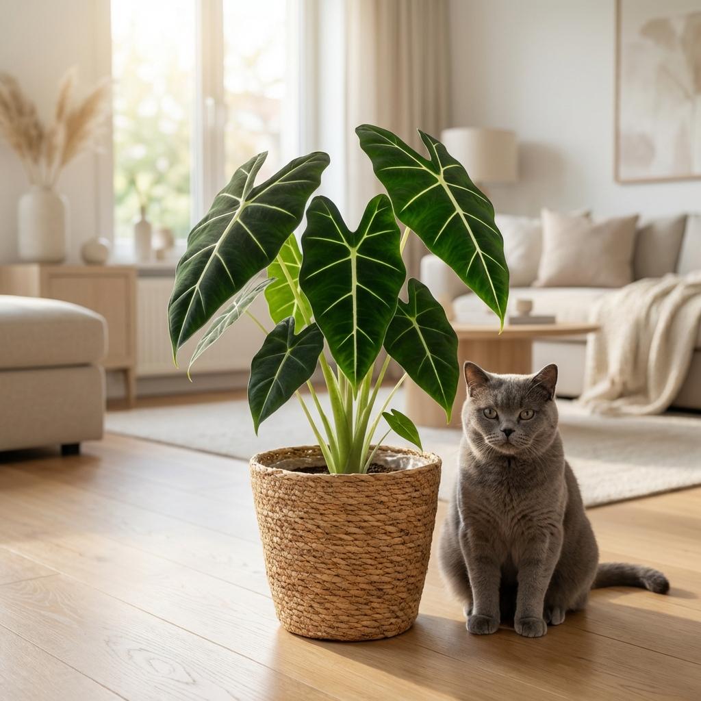 Green boutiQ - Zimmerpflanze - Elefantenohr - Alocasia Frydek - Grün - Pflegeleicht - 1 Pflanze - mit Korb - Topf 19cm - Höhe 60cm 